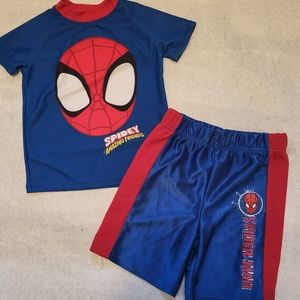 Spiderman wicking fabric top with matching shorts.